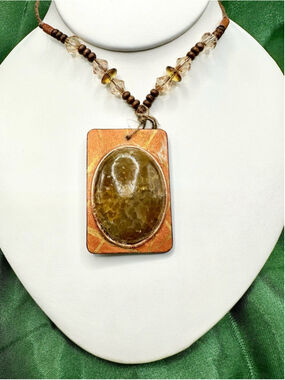 Handmade Dragon Veins Agate Wood and Glass Beaded Bohemian Necklace 29” Long